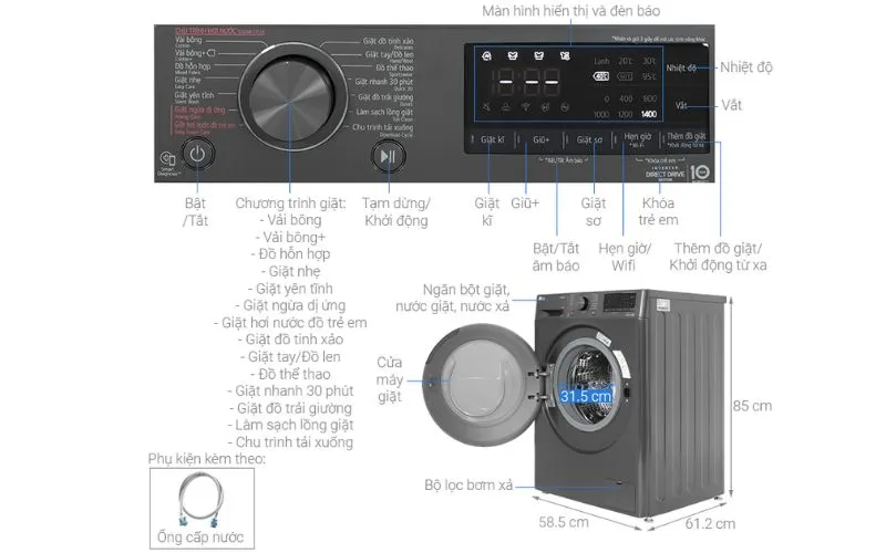 Thông số kỹ thuật máy giặt LG 9kg FV1409S4M 